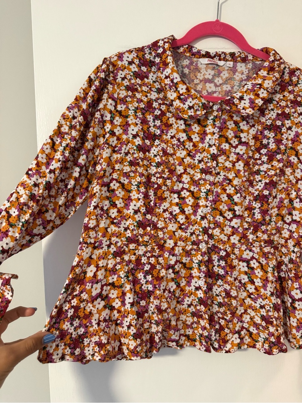 Honey Floral Button-Front Peplum Blouse - - Picture 4 of 5